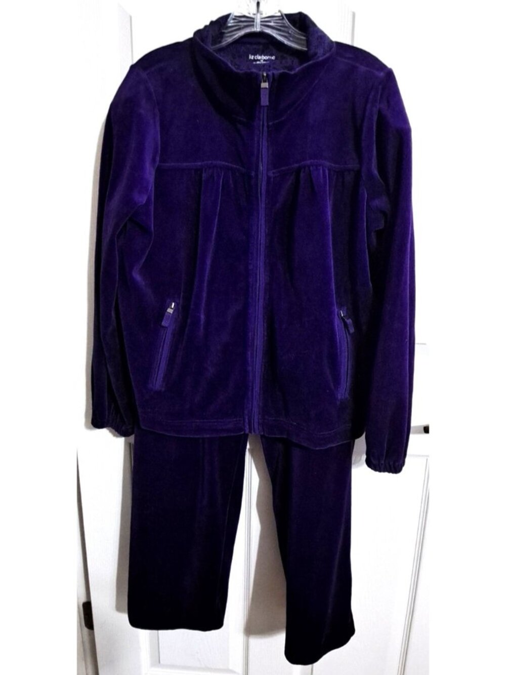 Liz Claiborne 1X Women's Purple Velour Full Zip Drawstring Waist Warm-Up Set